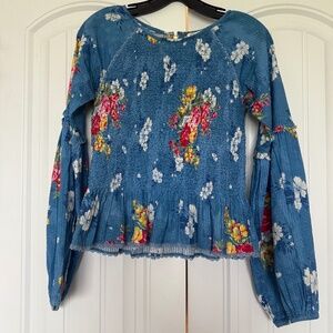 Loveshackfancy blouse poplin blue floral size small puff sleeves fall